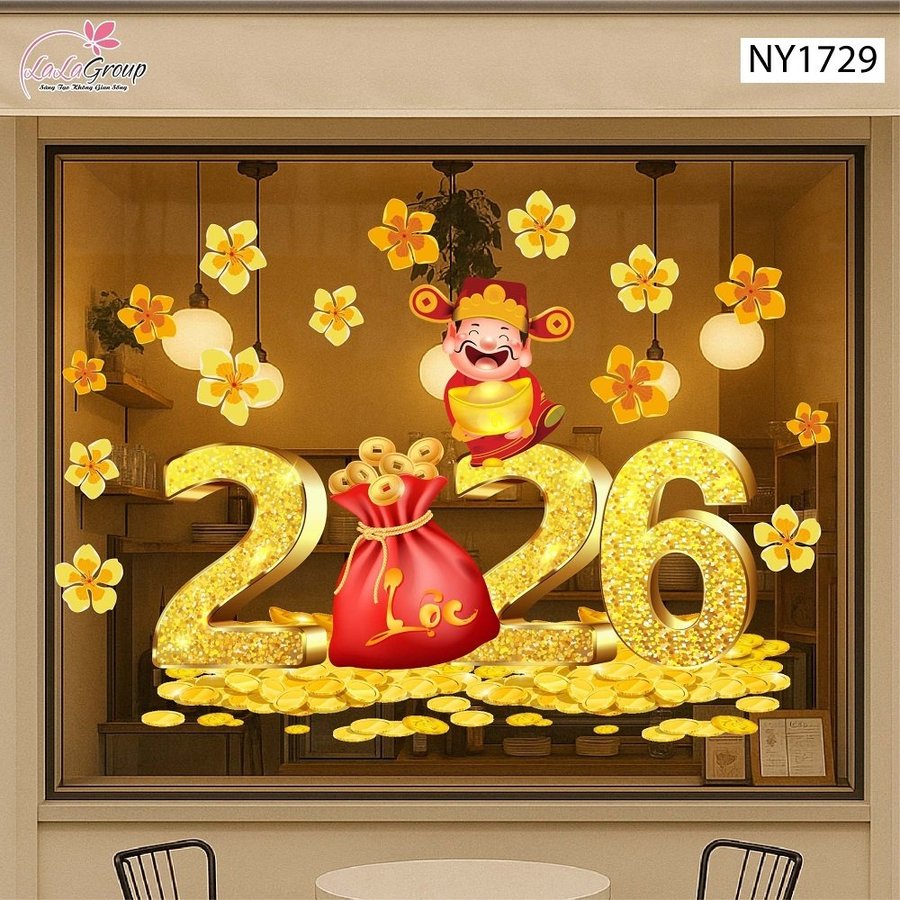 Decal Trang Trí Tết Thần Tài Và Mai Vàng Tài Lộc 2026