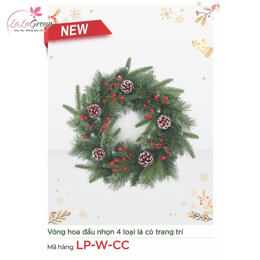 Vòng hoa Noel đầu nhọn 4 loại lá có trang trí