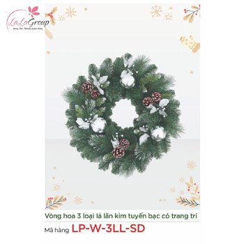 Vòng hoa Noel 3 loại lá lăn kim tuyến bạc có trang trí
