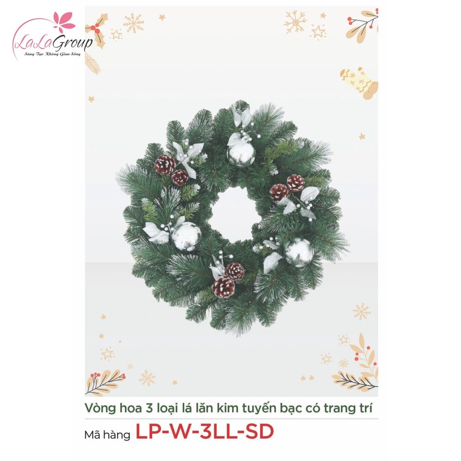 Vòng hoa Noel 3 loại lá lăn kim tuyến bạc có trang trí