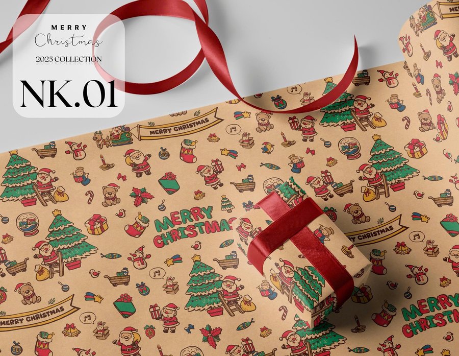 Giấy Gói Quà Hoạ Tiết Giáng Sinh Ông Già Noel Và Cây Thông Xanh