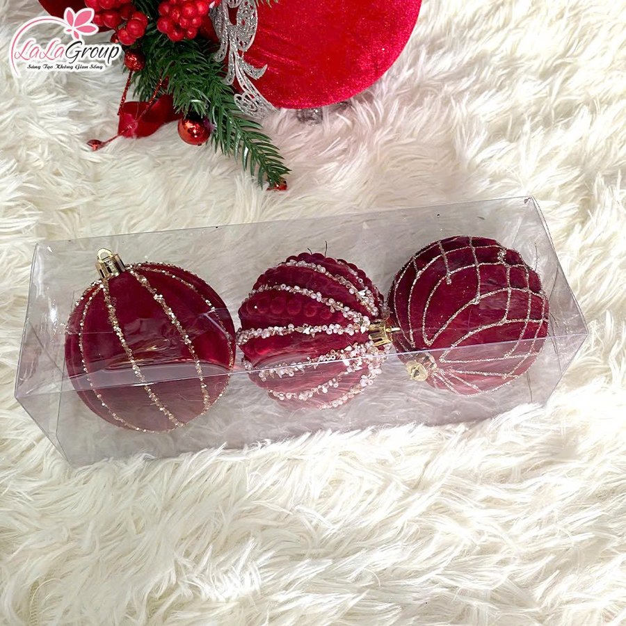 Hộp 3 Quả Châu Nhung Đính Kim Tuyến Cao Cấp Trang Trí Noel