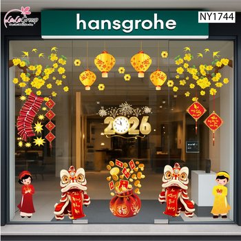 Combo decal trang trí tết múa lân chúc xuân 2026 an khang thịnh vượng