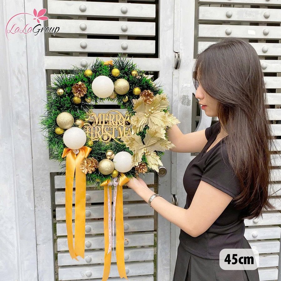 Vòng Nguyệt Quế Noel 45cm Màu Vàng Trắng Cao Cấp Kèm Đèn Led