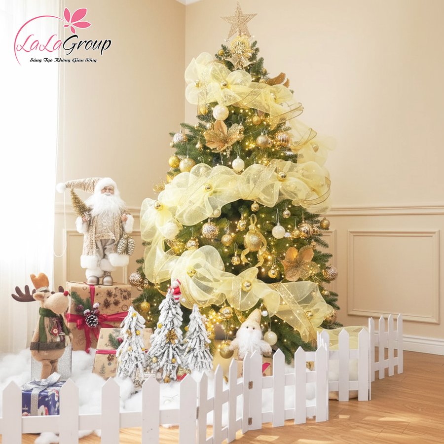 Cây Thông Noel PE PVC Cây Tự Động 1m8 Full Phụ Kiện Tone Vàng Đón Giáng Sinh