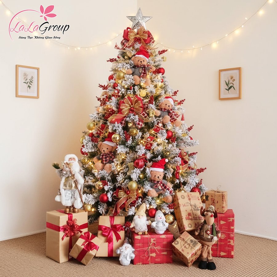 Cây Thông Noel Phủ Tuyết 2m1 Full Phụ Kiện Gấu Đón Giáng Sinh