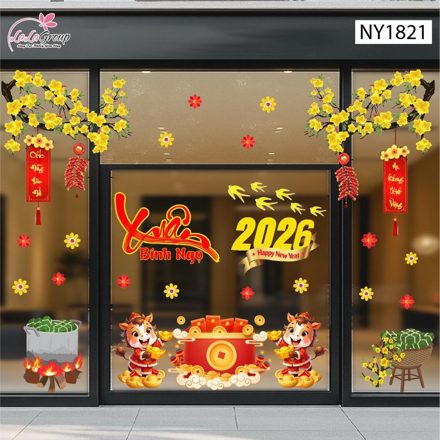 Combo Decal Trang Trí Tết Song Mã Vượng Tài Đón Xuân Bính Ngọ 2026
