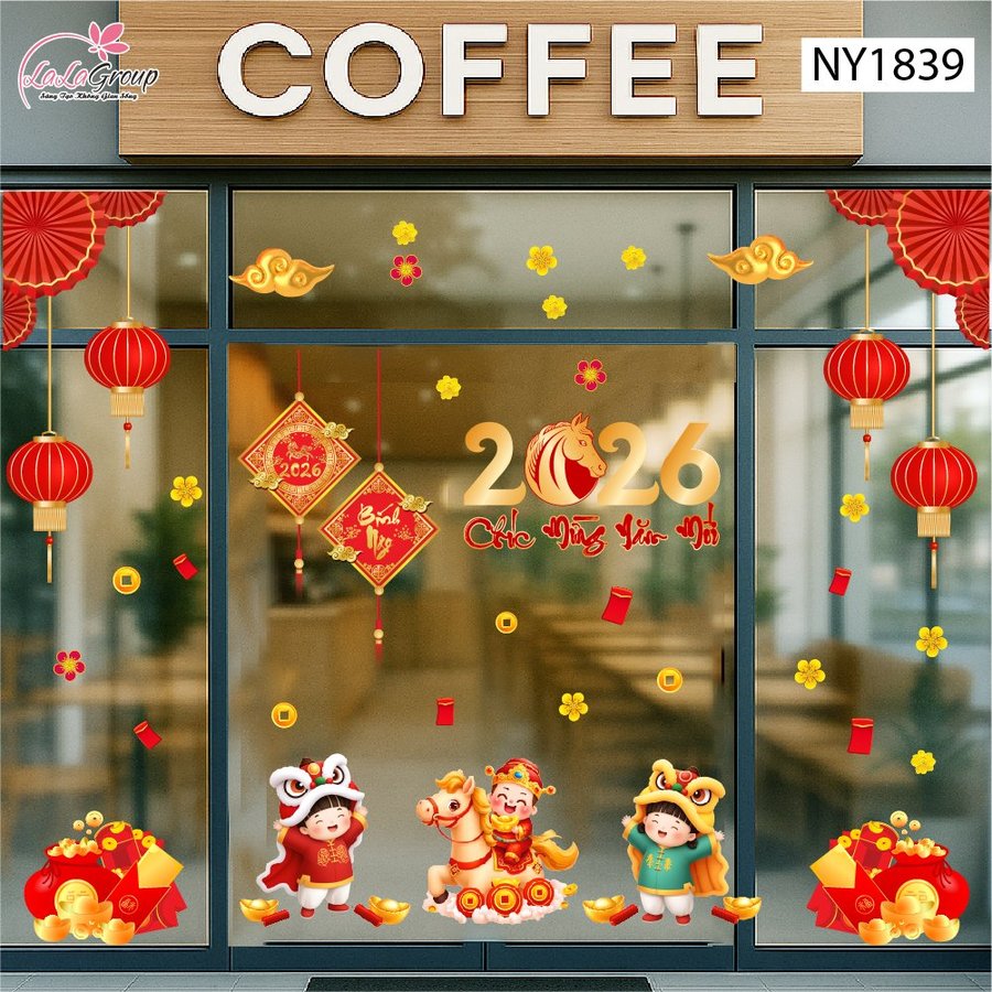 Combo Decal Trang Trí Tết Thần Tài Và Đôi Bé Múa Lân 2026