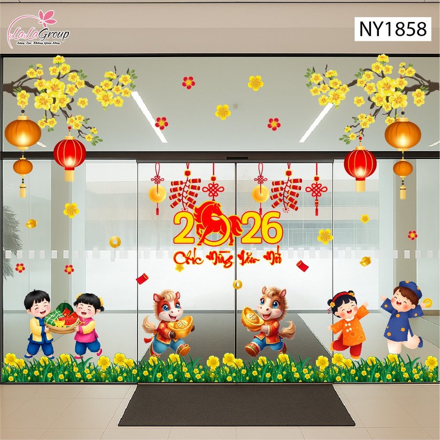 Combo Decal Trang Trí Tết Bé Vui Xuân Mừng Năm Mới Bính Ngọ