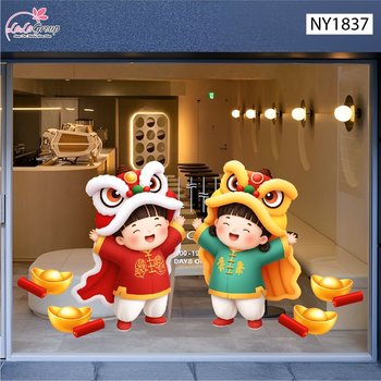 Decal Trang Trí Têt Bé Múa Lân Xuân Sang Hạnh Phúc