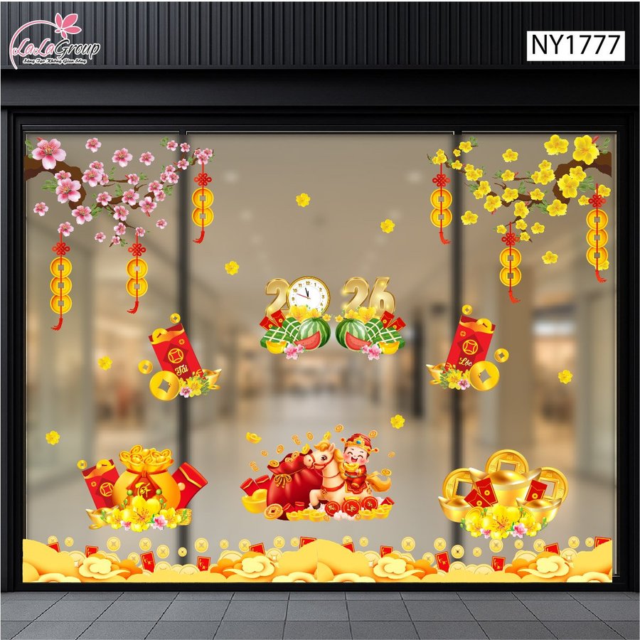 Combo Decal Trang Trí Cửa Kính Ngày Tết Ngựa Thần Tài và Túi Tiền May Mắn