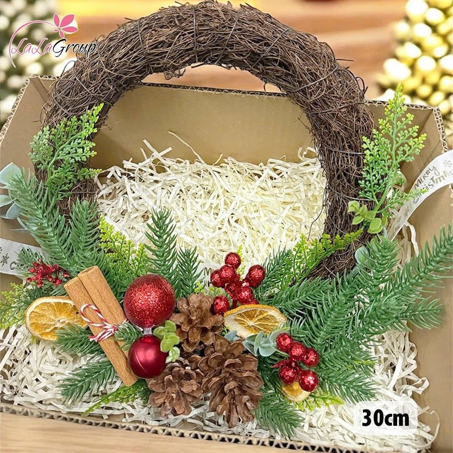 Vòng nguyệt quế 30cm Trang Trí Noel Kèm Đèn Led Phong Cách Cổ Điển