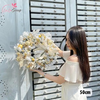 Vòng Nguyệt Quế 50cm Gam Vàng Sang Trọng Trang Trí Noel Kèm Đèn Led