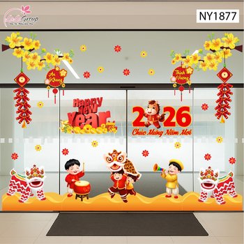 Decal Trang Trí Tết Lân Vàng Gõ Cửa Tài Lộc Sum Vầy