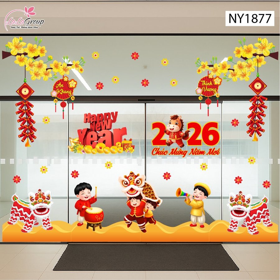 Decal Trang Trí Tết Lân Vàng Gõ Cửa Tài Lộc Sum Vầy