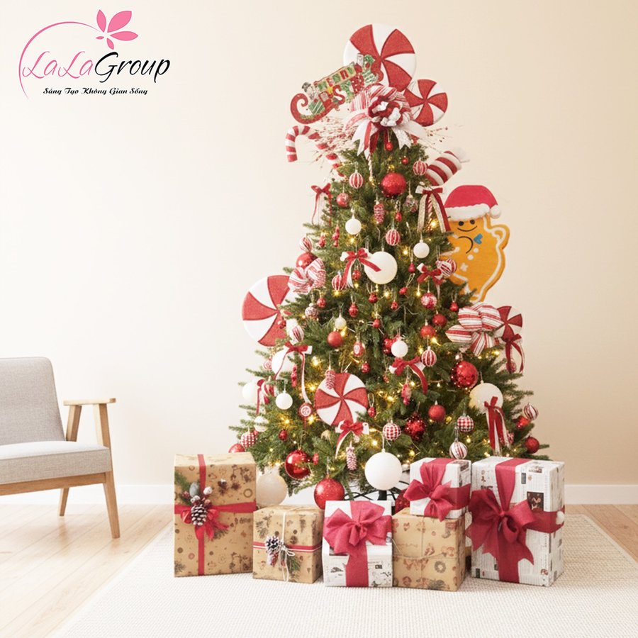 Cây Thông Noel PE 3 Loại Lá Cao 1m8 Full Phụ Kiện Tone Kẹo Ngọt Ngào Đón Giáng Sinh
