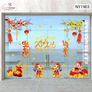 Combo Decal Trang Trí Tết Bính Ngọ Thần Tài Gõ Cửa Rước Lộc Vào Nhà
