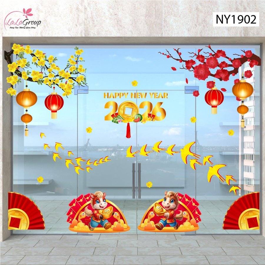 Combo Decal Trang Trí Tết Bính Ngọ Én Vàng Đón Xuân