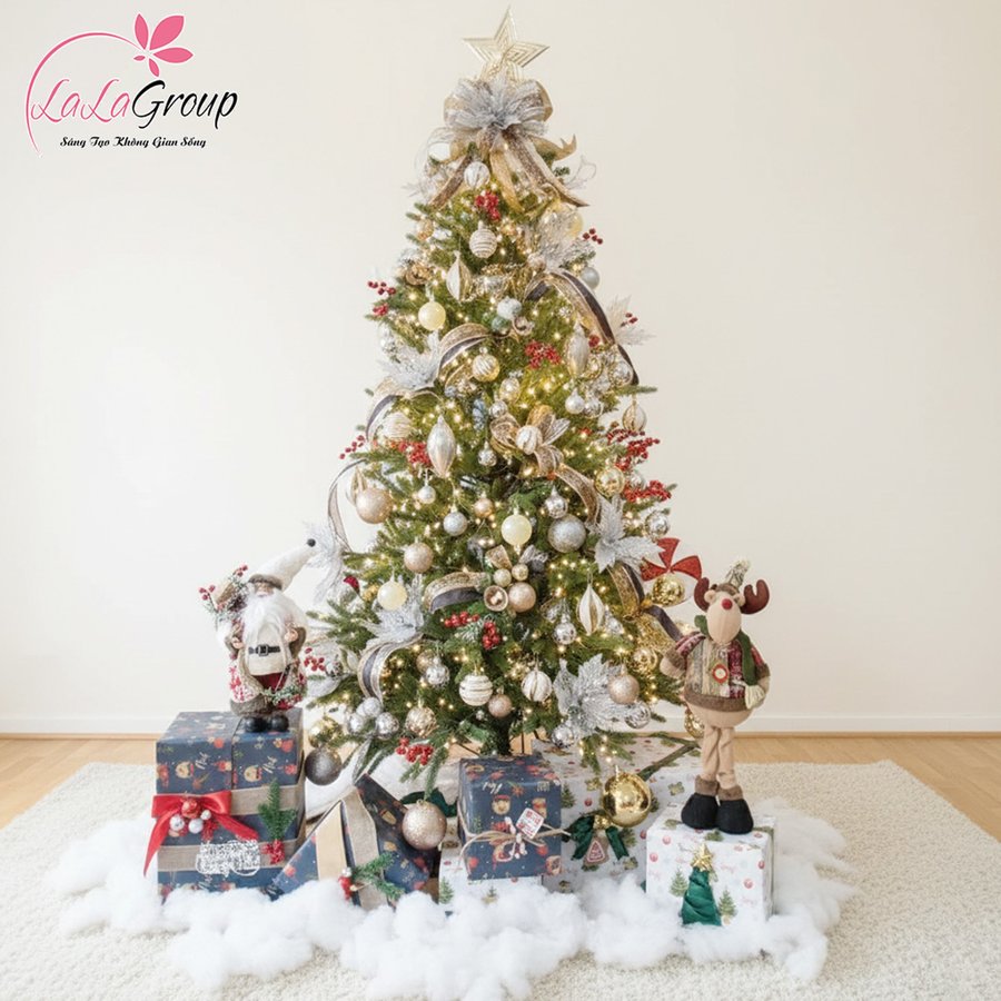 Cây thông PE PVC Lá Xanh Cao 180cm Full Phụ Kiện Tone Vàng Bạc Sang Trọng