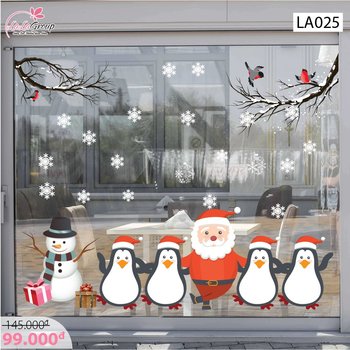 Decal dán tường Ông già Noel và chim cánh cụt  (nền trắng đục)