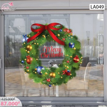 Decal dán tường Vòng nguyệt quế Noel nơ đỏ size lớn 03 60x60 (nền trắng đục)
