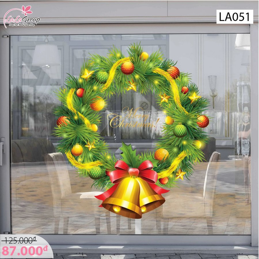 Decal dán tường Vòng nguyệt quế quả chuông Noel size lớn 60x60 (nền trắng đục)