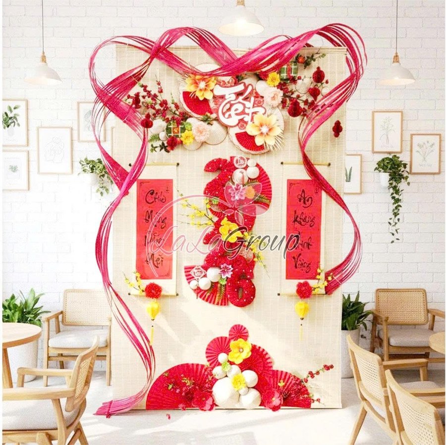 Tiểu cảnh mành tre trang trí tết Chúc mừng năm mới an khang thịnh vượng 2026