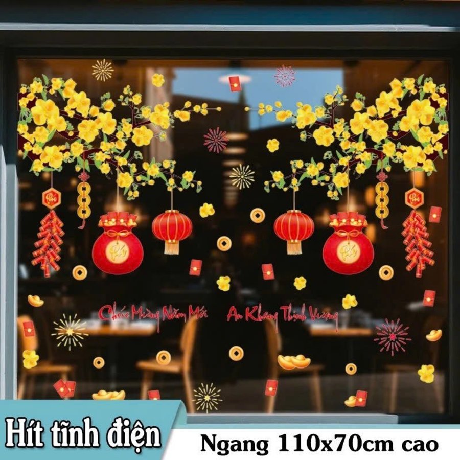 Decal 2 mặt tĩnh điện trang tết mai vàng mừng năm mới