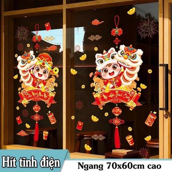 Decal 2 mặt tĩnh điện trang trí tết bé múa lân mừng năm mới