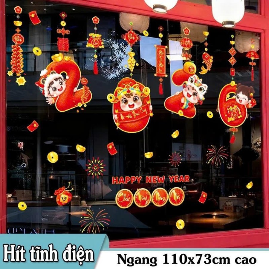 Decal 2 mặt tĩnh điện trang trí tết happy new year 2026