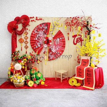 Tiểu Cảnh Trang Trí Mành Tre Quạt Hoa Anh Đào Rực Rỡ Mừng Xuân Sum Vầy