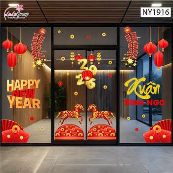 Combo Decal Trang Trí Tết Happy New Year Xuân Bính Ngọ 2026