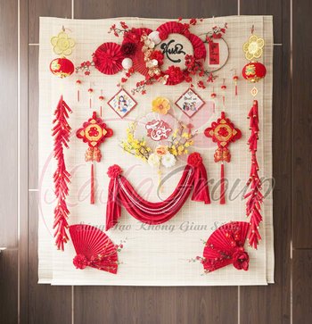 Tiểu cảnh mành tre trang trí tết Xuân Bình An Tấn Tài Tấn Lộc