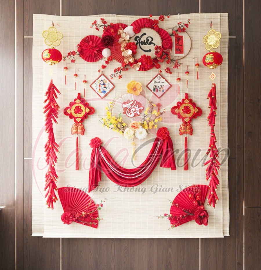 Tiểu cảnh mành tre trang trí tết Xuân Bình An Tấn Tài Tấn Lộc