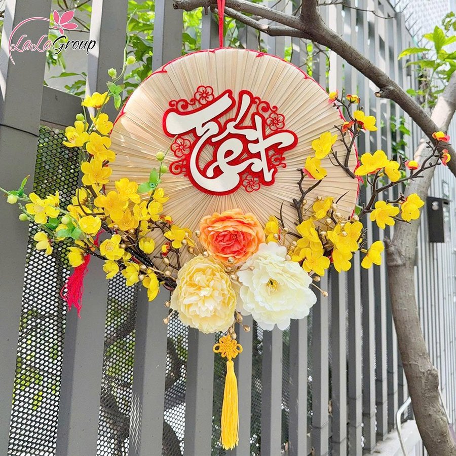 Mẹt Nón Quai Thao Size 40cm Chữ Tết Mai Vàng Đón Năm Mới