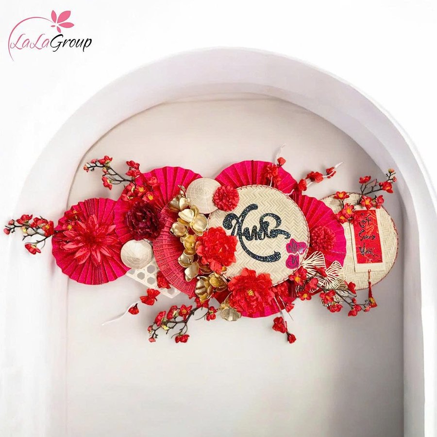 Mẹt quạt tone đỏ chữ Xuân trang trí tết ngang 1m