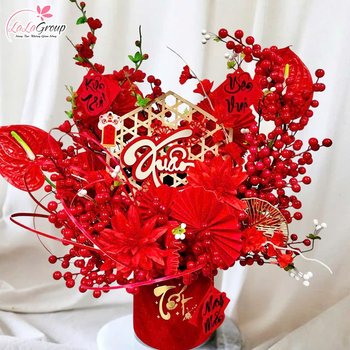 Bình hoa đào đông trang trí tết xuân yên vui may mắn