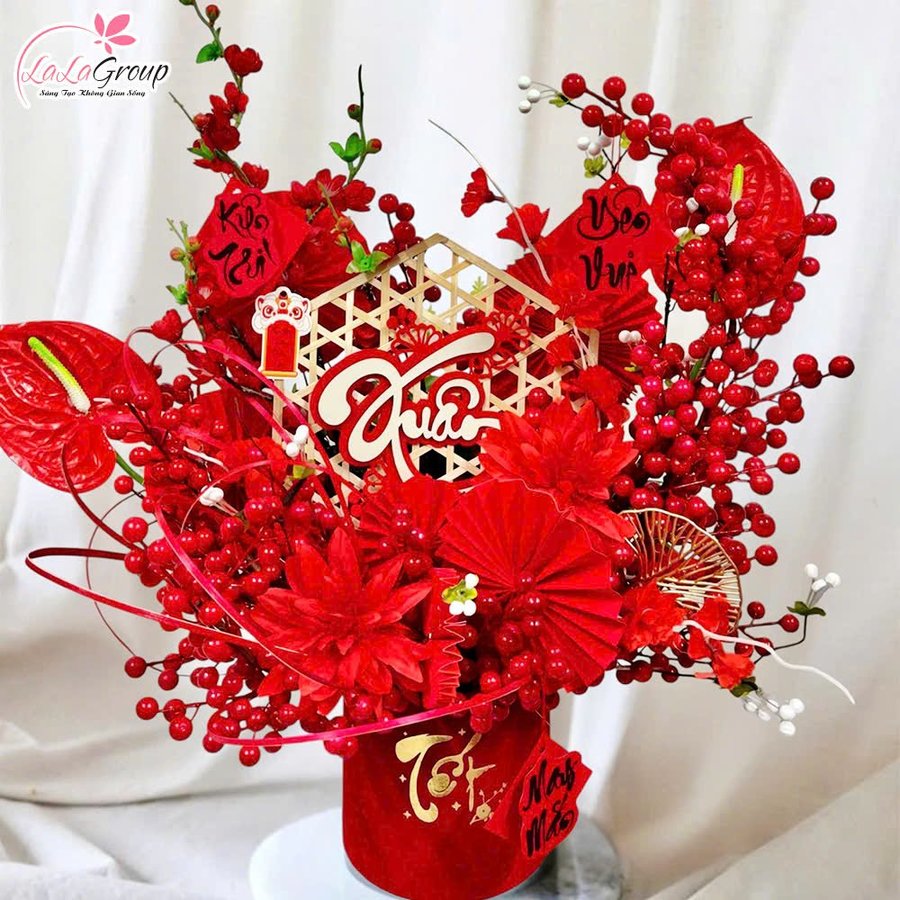 Bình hoa đào đông trang trí tết xuân yên vui may mắn