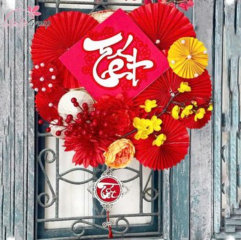 Mẹt tre 50cm trang trí tết kèm quạt đỏ may mắn