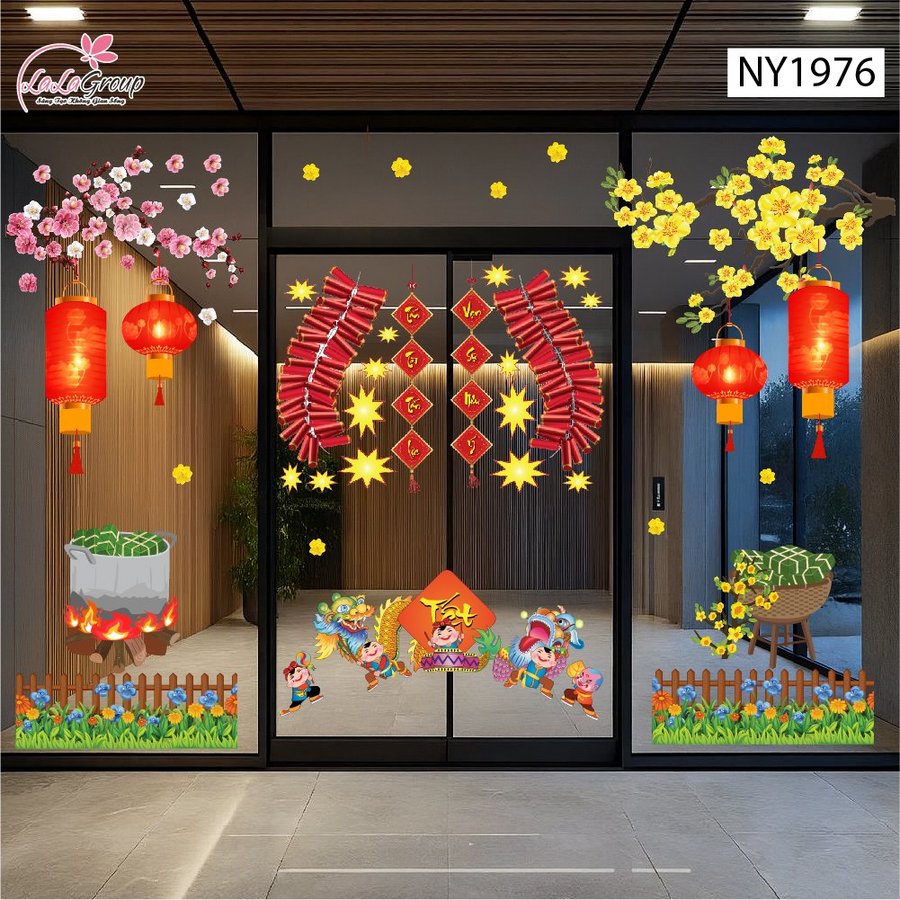 Combo Decal Trang Trí Tết Bé Múa Lân Mừng Năm Mới Vạn Sự Như Ý