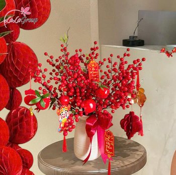 Bình hoa đào đông kèm lựu đỏ tài lộc