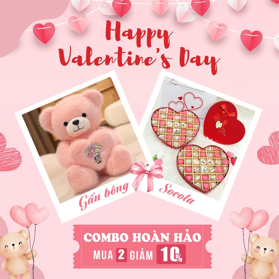 Set quà tặng gấu bông ôm tim và socola ngọt ngào