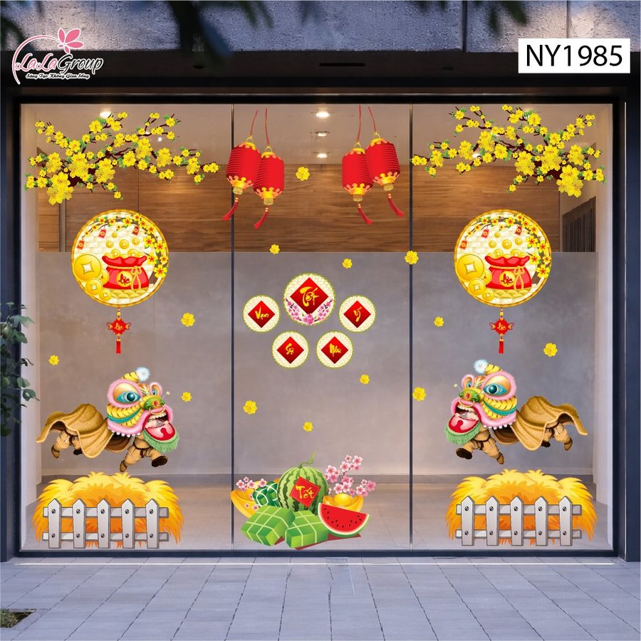 Combo decal trang trí tết múa lân đón tết tài lộc