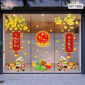 Combo decal trang trí tết múa lân mừng xuân an khang