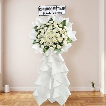 Kệ Hoa Chia Buồn Hoa Cúc Trắng Phối Hoa Bi Trắng Nhẹ Nhàng