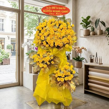 Kệ Hoa Mừng Khai Trương Hồng Phát Tone Vàng 3 Tầng Sang Trọng