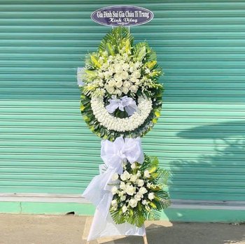 Kệ Hoa Chia Buồn 2 Tầng Hoa Hồng Trắng Phối Lá Xanh