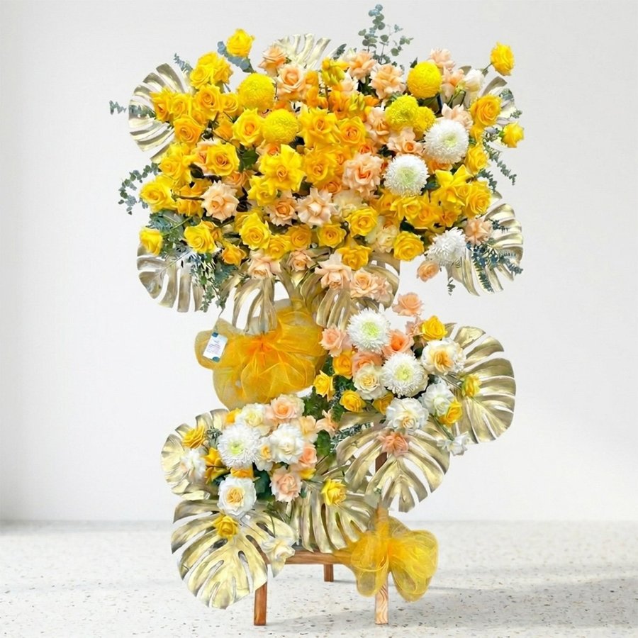 Kệ Hoa Mừng Khai Trương Sự Kiện Tone Vàng Kim Rực Rỡ Đại Cát Hưng Thịnh