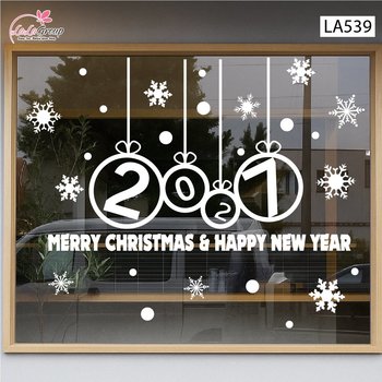 Decal trang trí Noel Merry christmas & Happy new year 2027 chữ trắng