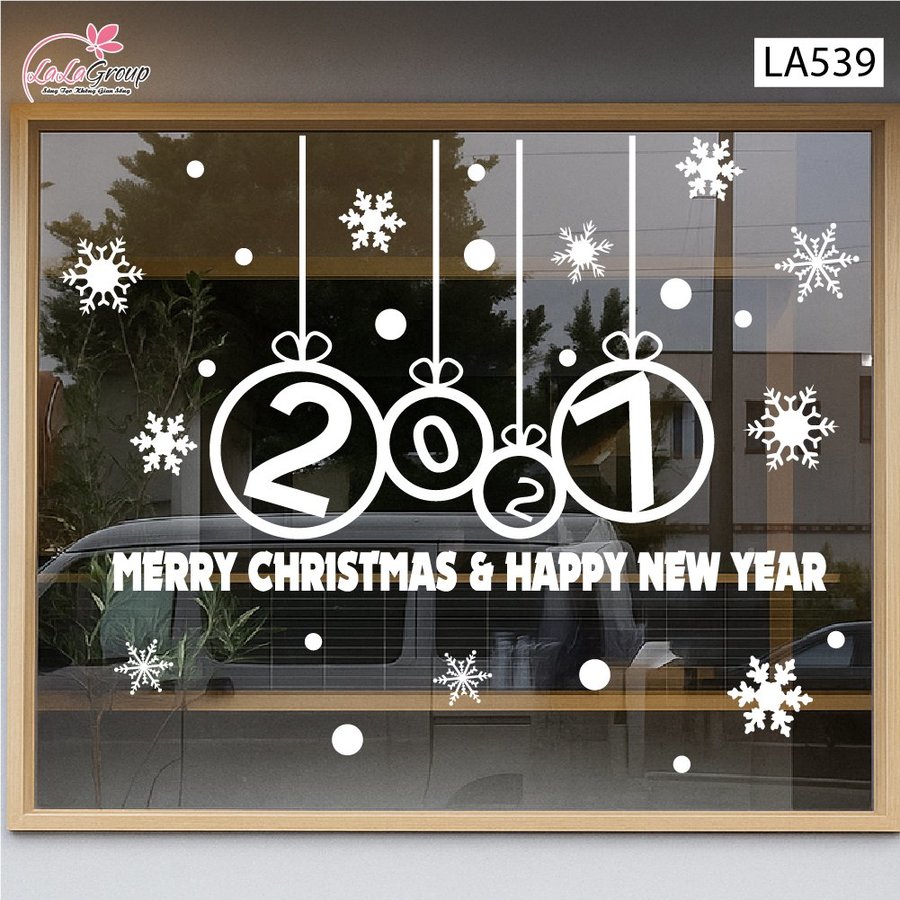 Decal trang trí Noel Merry christmas & Happy new year 2027 chữ trắng
